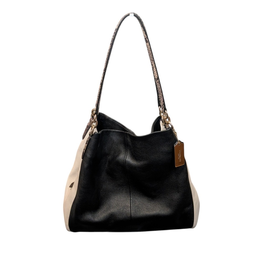 Coach Phoebe F35893 Black Cream Leather Tote Snakeskin Embossed Handles Bag